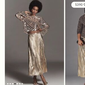 {NWT} By Anthropologie Metallic Pleated Midi Skirt in Gold - XS Petite